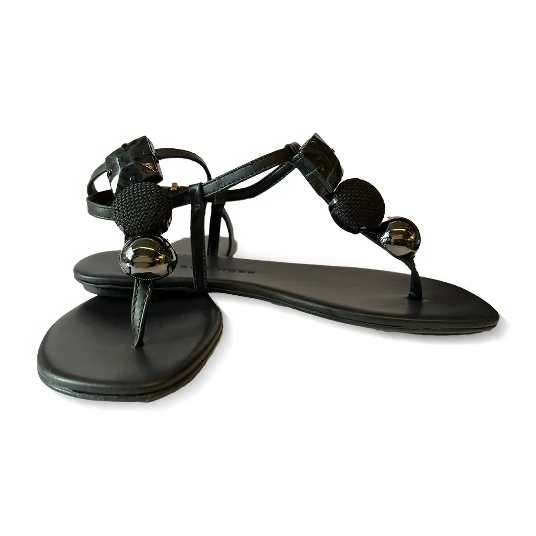 Flat Leather Floater Black Sandals