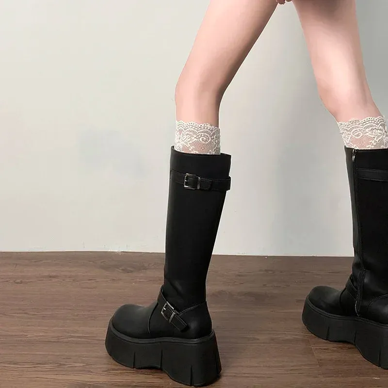 Hnzxzm Platform Wedges Heel Women Knee High Boots Fashion Belt Buckle Slip On Long Booties Autumn Winter Female Shoes