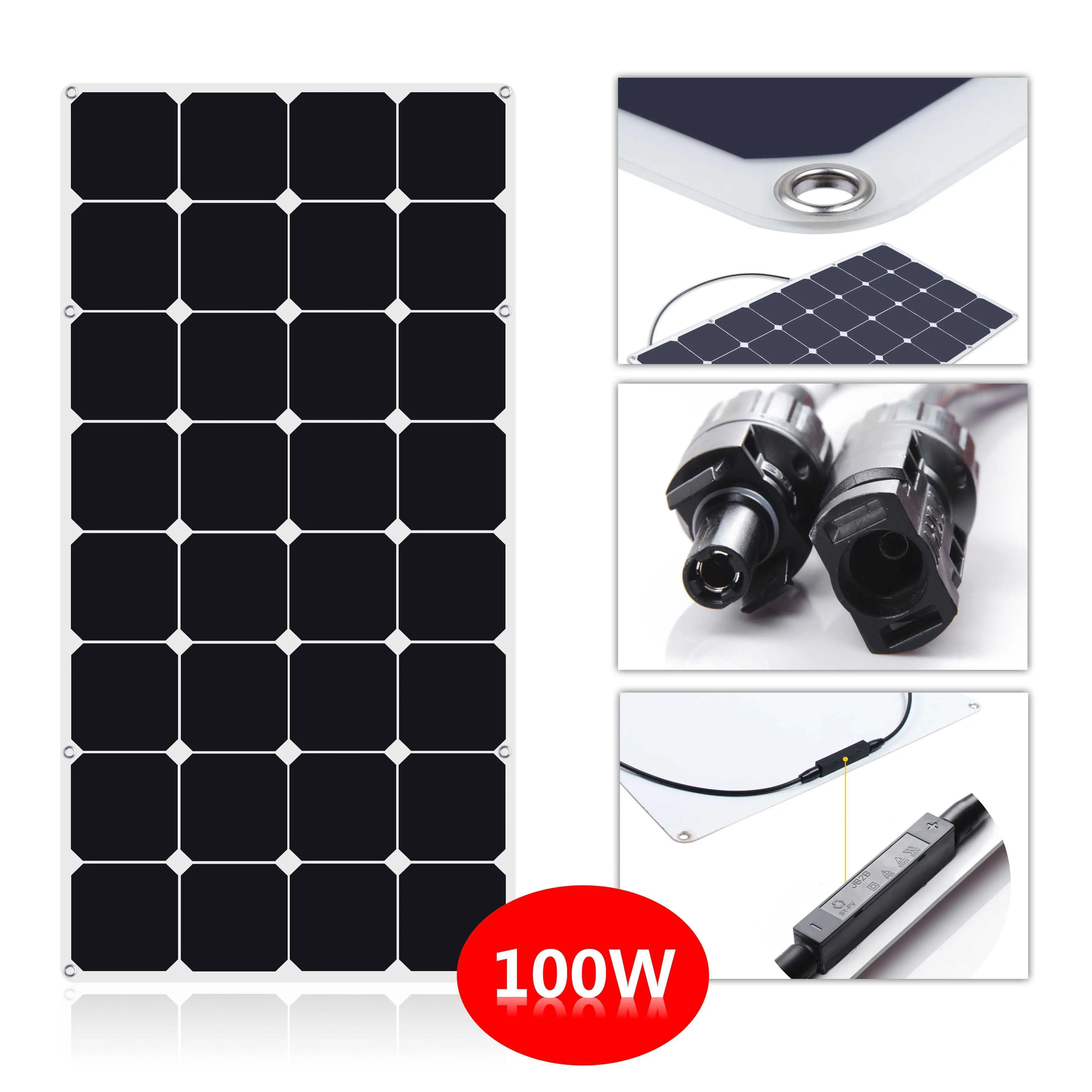 Moolsun Flexible Solar Panel 100 Watt 16 Volt Monocrystalline Semi-Flexible Bendable Mono Off-Grid Charger for Marine RV Cabin Van Car Uneven Surfaces