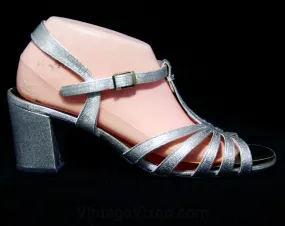 Size 6.5 Sparkling Silver Sandals - Glam 1960s Metallic Party Shoes - 60s Open Toe T Strap Evening Cocktail Pump - NOS Deadstock - 6 1/2