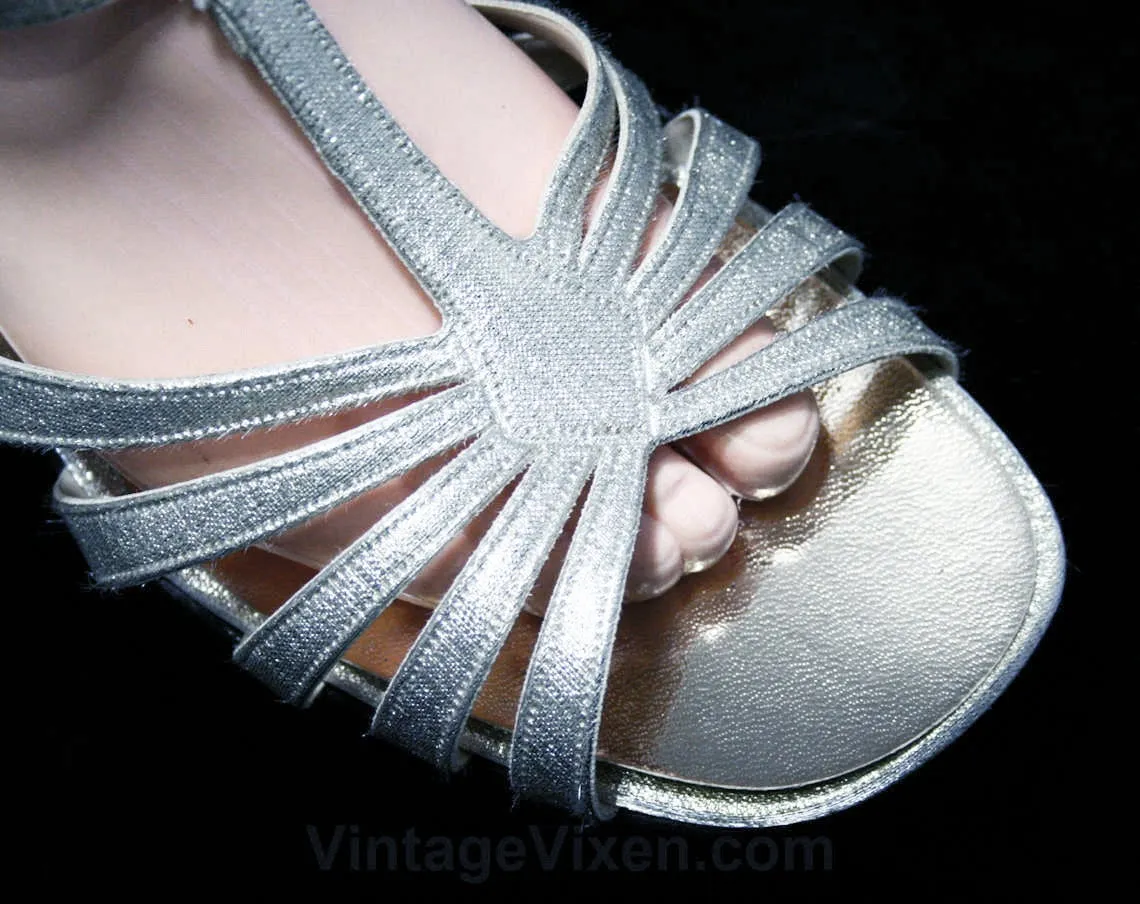Size 6.5 Sparkling Silver Sandals - Glam 1960s Metallic Party Shoes - 60s Open Toe T Strap Evening Cocktail Pump - NOS Deadstock - 6 1/2
